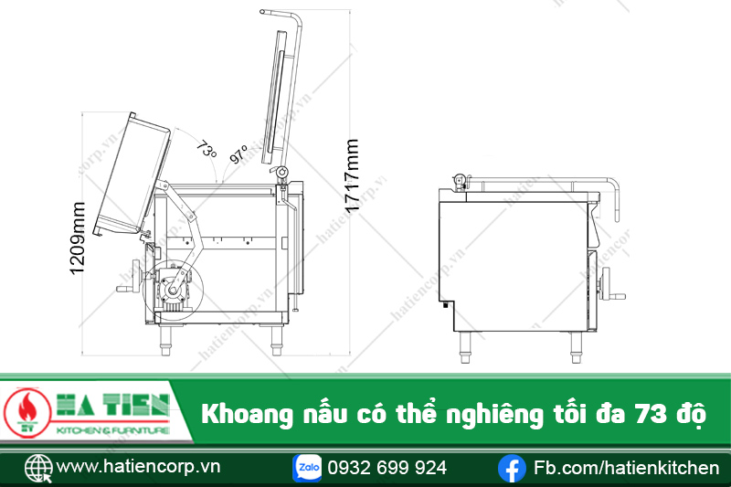 Khoang nấu có thể nghiêng tối đa 73 độ