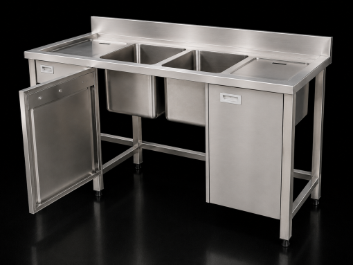 Bồn rửa bát inox 2 ngăn có cửa và lỗ xả rác