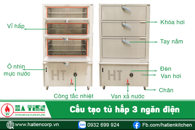 cấu tạo tủ hấp hải sản 3 ngăn dùng điện