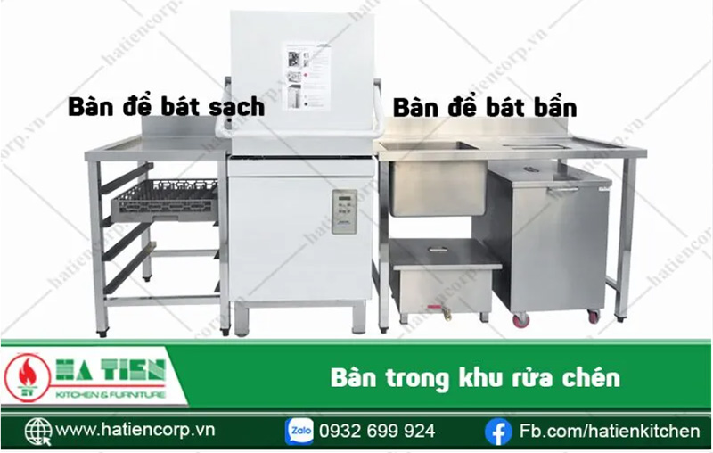 Bàn để bát sạch và bàn để bát bẩn, thường được sử dụng kèm với máy rửa chén Bàn để bát sạch và bàn để bát bẩn, thường được sử dụng kèm với máy rửa chén