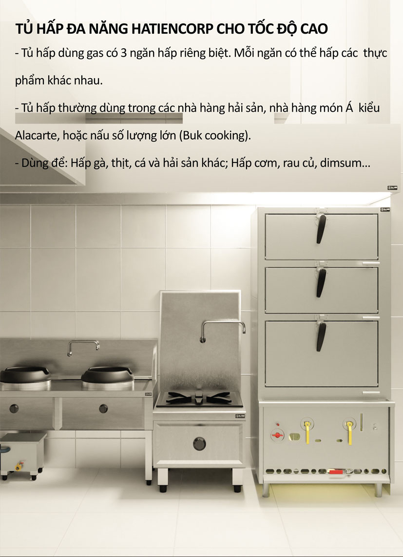 tủ hấp 3 tầng dùng gas ứng dụng