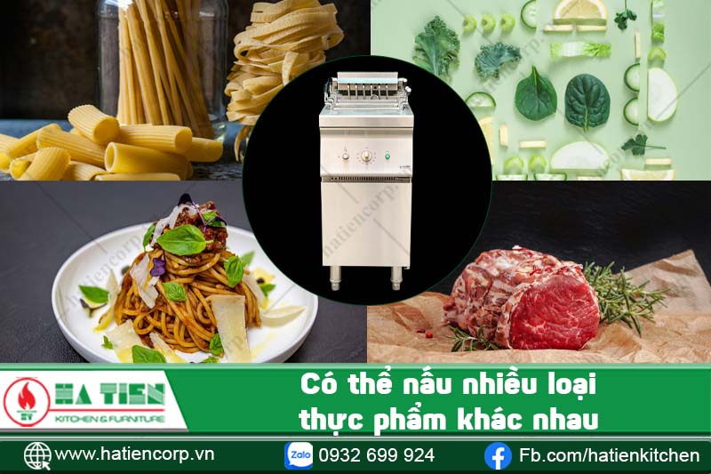 Bếp trụng mì pasta, rau củ, thịt