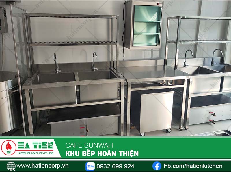 Bàn 2 chậu rửa, kệ 2 tậng đặt trên bàn, bẫy mỡ