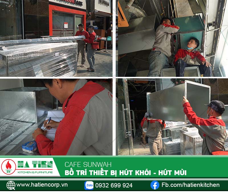 Nhân viên kỹ thuật của Hà Tiên bố trí thiết bị hút khói - hút mùi cho bếp