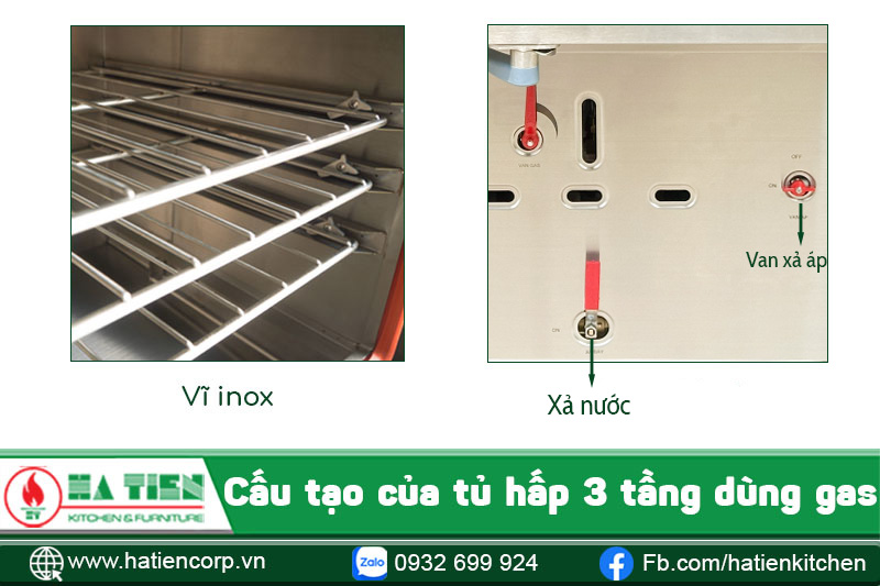 Cấu tạo tủ hấp công nghiệp 3 tầng dùng gas