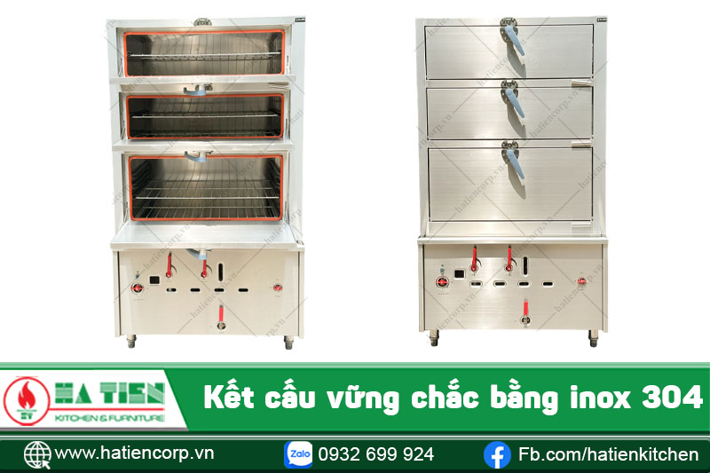 Toàn bộ tủ hấp 3 tầng làm bằng inox 304