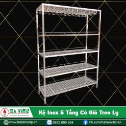 kệ inox 5 tầng có giá treo ly rượu