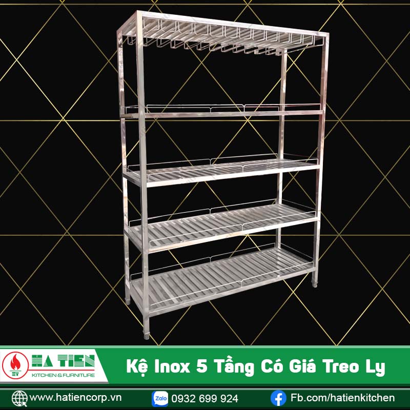 kệ inox 5 tầng có giá treo ly rượu