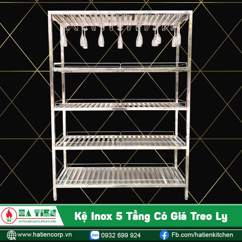 kệ inox 5 tầng có giá treo ly rượu vang