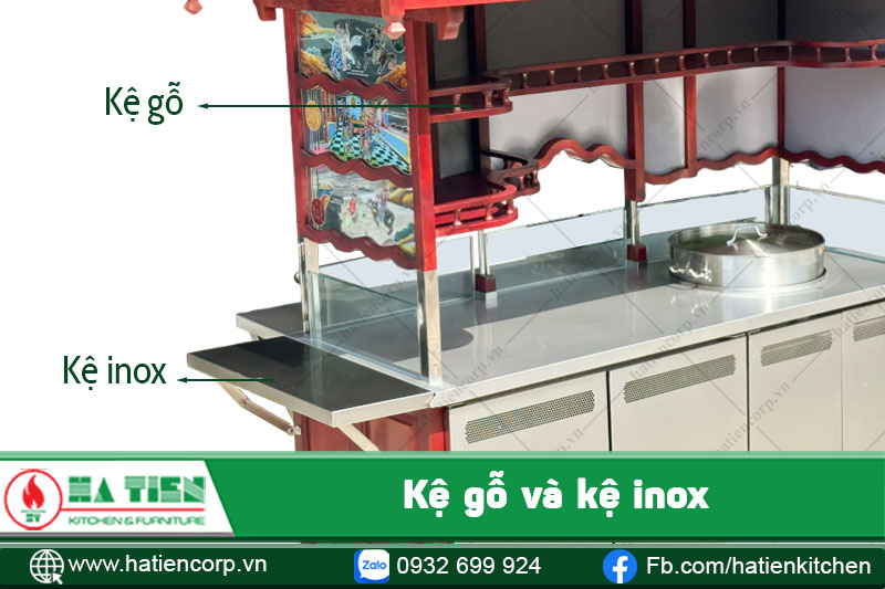 Xe bán hủ tiếu có sẵn kệ gỗ và kệ inox