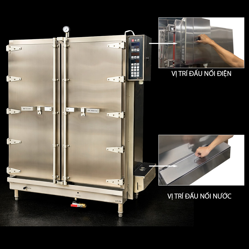 Trước tiên, người dùng cần kết nối nguồn điện đúng kỹ thuật và đấu nối đường nước vào vị trí cấp nước phía sau thân tủ.