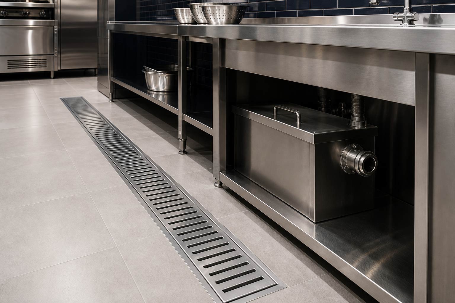 Mương thoát sàn và bẫy mỡ inox trong bếp công nghiệp