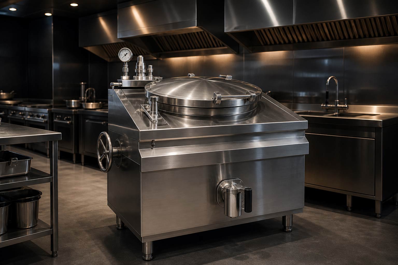 Nồi áp suất công nghiệp trong gian bếp inox hiện đại